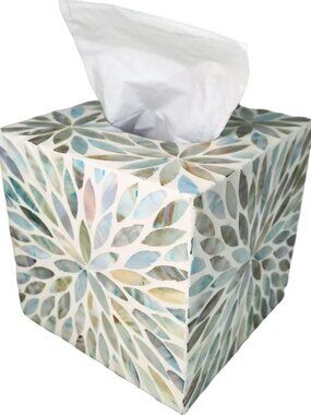 Decorative Mother of Pearl Tissue Box Holder - Blue Flower Capiz Design, 5.9